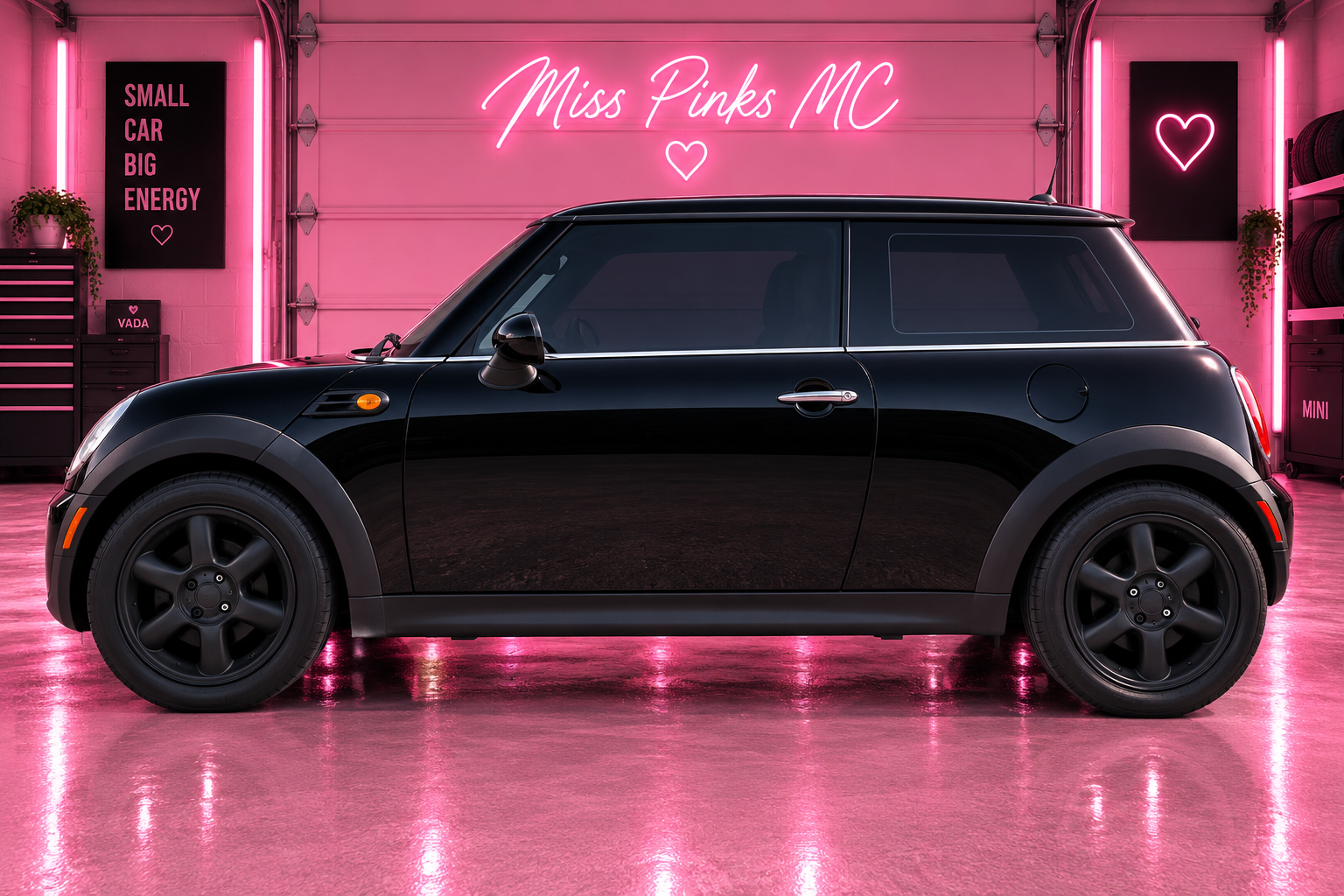 Rear view of Vada, a black MINI Cooper R50